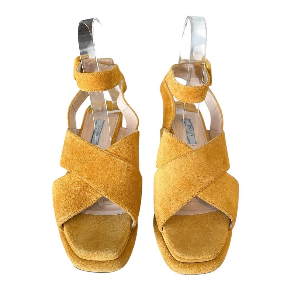 Prada Suede Crisscross Platform Yellow Block Heel Sandals 36.5 - Picture 2 of 10